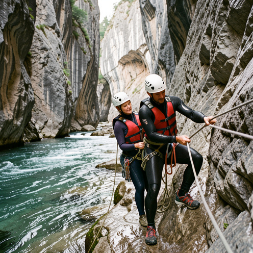 Une femme et un homme équipés de casques, combinaisons, harnais et gilets de sauvetage descendent prudemment un canyon rocheux à l'aide de cordes.