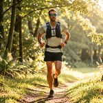 Coureur de trail portant des lunettes photochromiques, courant entre un sous-bois ombragé et une clairière ensoleillée.