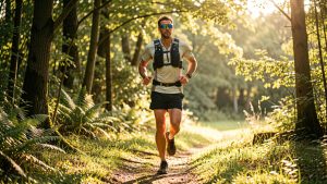 Coureur de trail portant des lunettes photochromiques, courant entre un sous-bois ombragé et une clairière ensoleillée.