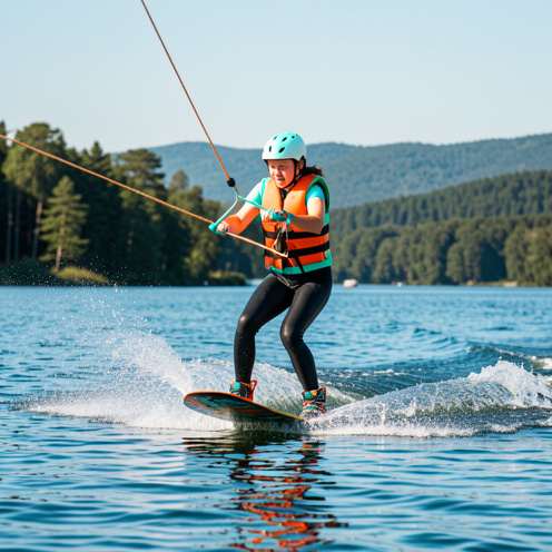 Une jeune femme débutante en wakeboard garde son équilibre sur un lac calme, équipée d’un gilet de sauvetage, d’un casque et d’une combinaison.