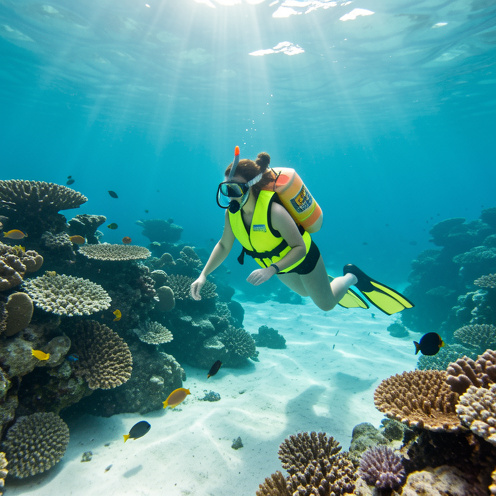 Une femme équipée d’un gilet de flottaison, d’un masque et de palmes observe calmement des poissons tropicaux et des coraux dans une eau claire et peu profonde.