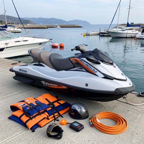Jet-ski stationné dans une marina calme avec gilet de sauvetage, casque et équipement de sécurité disposés à proximité.