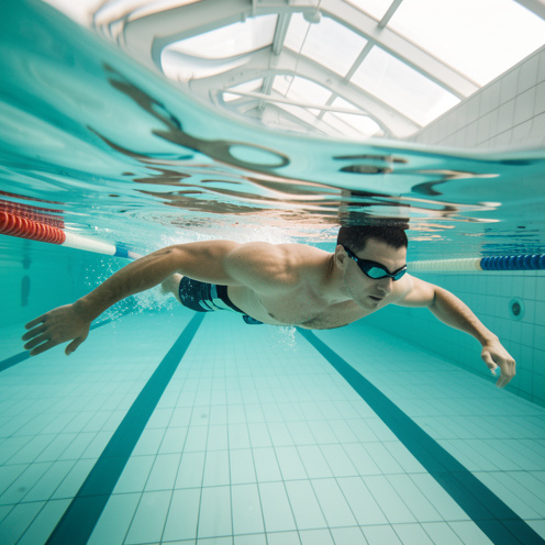 Un homme adulte s’entraîne à la nage dans une piscine claire, en position profilée sous l’eau, illustrant les techniques et l’endurance utiles à la plongée.