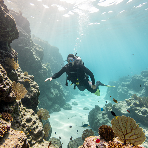Un plongeur explore les eaux turquoise de La Ciotat au-dessus de falaises sous-marines, de récifs rocheux et de gorgones méditerranéennes.