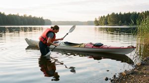Une femme portant un gilet de sauvetage se prépare prudemment à entrer dans l’eau près d’un kayak stable, sur un lac calme.