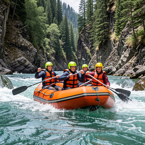 Une guide et trois personnes en rafting, équipées de casques et de gilets de sauvetage, naviguent dans un rapide sur une rivière turquoise.