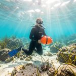 Une femme en combinaison, masque et palmes explore calmement un récif côtier peu profond avec une bouée de sécurité dans une eau turquoise.