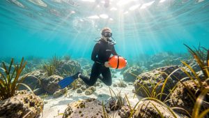 Une femme en combinaison, masque et palmes explore calmement un récif côtier peu profond avec une bouée de sécurité dans une eau turquoise.