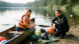 Une femme en gilet de sauvetage prépare un canoë tandis qu’un homme en combinaison de plongée se prépare près d’un lac calme avec du matériel de sécurité.