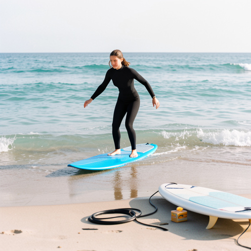 Une débutante en surf s’exerce à garder l’équilibre sur une planche dans une eau peu profonde, avec du matériel de surf posé sur la plage.