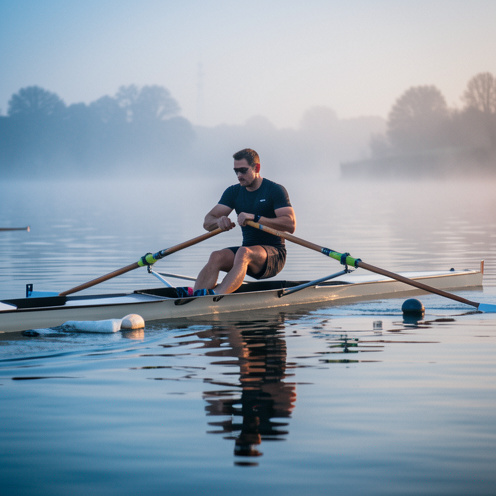 Un rameur montre une technique de rame précise sur une eau calme, avec un bateau de compétition, des avirons et du matériel d’entraînement dans une lumière matinale.