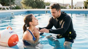 Une femme débutante pratique une respiration calme au bord d’une piscine, accompagnée par un moniteur d’apnée attentif et un flotteur de sécurité.