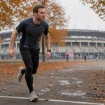 Coureur amateur au départ d’un marathon urbain, avec une montre GPS visible au poignet, sous une lumière automnale et le Stade olympique d’Amsterdam en arrière-plan.