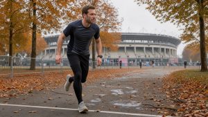 Coureur amateur au départ d’un marathon urbain, avec une montre GPS visible au poignet, sous une lumière automnale et le Stade olympique d’Amsterdam en arrière-plan.