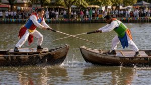 Deux hommes en tenue traditionnelle pratiquent une joute nautique sur des bateaux en bois, lance à la main, sous la lumière chaude de l’après-midi.