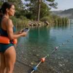 Une nageuse se prépare pour sa première sortie en eau libre au bord d’un lac calme, avec une bouée de sécurité et une boussole étanche.