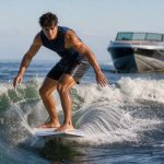 Un homme débutant en wakesurf se redresse sur sa planche et avance sur la vague créée par un bateau.