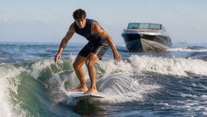 Un homme débutant en wakesurf se redresse sur sa planche et avance sur la vague créée par un bateau.