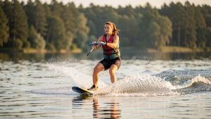 Une femme sportive pratique le ski nautique sur un lac calme, en travaillant son équilibre et sa stabilité corporelle dans une lumière matinale.