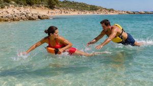 Une femme et un homme en bonne condition physique pratiquent des techniques de sauvetage aquatique dans une mer turquoise près d’une plage méditerranéenne ensoleillée.